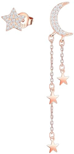 MICMIF Orecchini Asimmetrici con Stella e Luna in Argento 925, Orecchini Oro Rosa Orecchini Pendenti Luna Stella con Zirconi Ipoallergenico Gioielli per Donna Ragazze