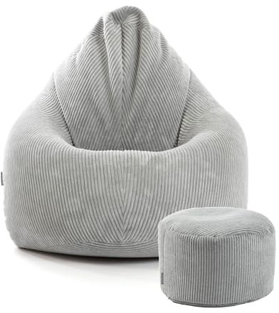 mokebo® Sitzsack Cord XXL mit Hocker für Kinder & Erwachsene in Grau 'Der Tagträumer', Set aus Indoor Bean Bag und Pouf, auch als Bodenkissen, Sitzkissen, Liegekissen mit EPS-Perlen Füllung
