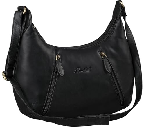 Benthill Damen Handtasche Leder - Damentasche aus Rindsleder - Umhängetasche mit Reißverschluss - Vintage Frauen Schultertasche, Farbe:Schwarz