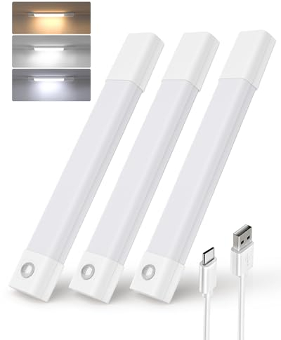 EZVALO 3 Pack 7” Under Cabinet Kitchen Lights, Motion Sensor Lights Indoor, 30 LED Rechargeable Wardrobe Lights, Dimmable, 3 Color Temperatures, Under Cupboard Kitchen Lights, Pantry, Bedroom, Kitchen
