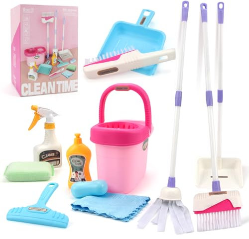 Coolplay Kids Cleaning Set for Toddlers Pretend Play Broom Set, 12pcs Mop and Cleaning Toys Set Pretend Playset Detachable Broom Mop Dustpan Pink Toy for Girls