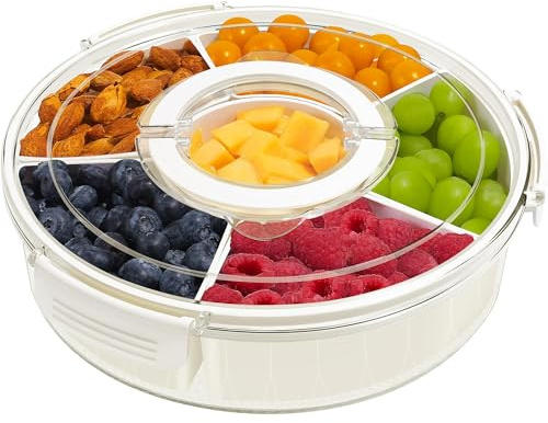 Roterande mellanmålslåda, uppdelad serveringsbricka med lock och handtag snackslådbehållare, rund mellanmålsorganisatör för vuxna fruktbricka, grönsaksbricka, perfekt för fester (32 cm 1-pack)