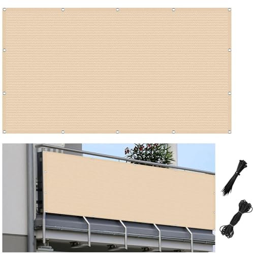 Sichtschutz Balkon 140 x 500 cm Windschutz Sonnenschutz Blickdicht Sichtschutzfächerterrasse mit Kabelbinder für Balkon Terrasse, Creme Farben