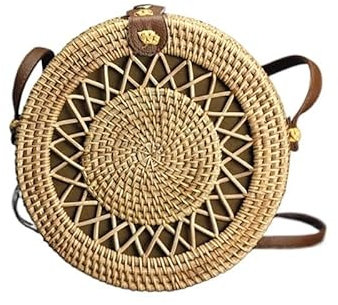 wangfq Korbtaschen Damen Stroh-Strandtasche, handgefertigt, gewebt, runde Rattan-Tasche mit Flechtmuster, Damen-Sommer-Bali-Bohemia-Umhängetasche Basttaschen Damen Sommer(Style 13-20x8cm)