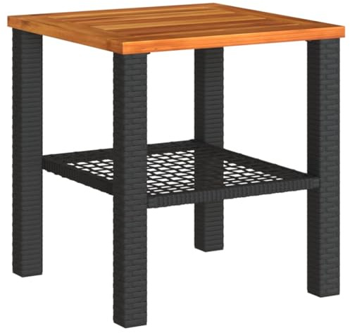 Makastle Polyrattan Beistelltisch mit Holz Tischplatte, Kleiner Couchtish & Kaffeetisch mit, Wetterfest Outdoor Garten Terrasse Balkon Tisch, Schwarz 40x40x42 cm