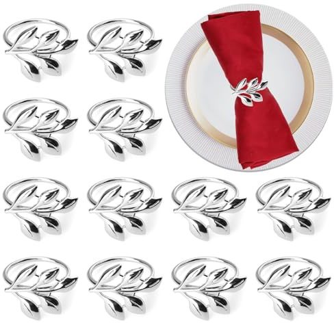 Servilleteros plateados, 12 unidades, elegantes anillos de metal, servilleteros de Navidad, hebillas de servilletas, hojas de napa, anillos para Navidad, bodas, cenas, aniversarios, decoración de mesa
