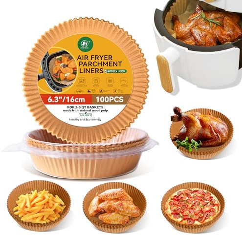Air Fryer Liners, 6.3 Inch Round BPA-Free Air Fryer Disposable Paper Liners, Food Grade Baking Paper Oil-Proof, Water-Proof for Air Fryer Microwave (100pcs)