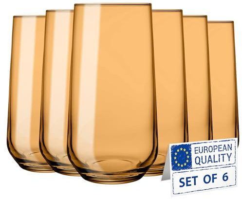 Biandeco Amber Drinking Glasses Set of 6 | Translucent Yellow Glassware | 16 oz Amber Glass Cups | Highball Drinkware for Cocktails, Long Drink, Mojito, Juice, Soda | Modern Sun-Tinted Drinkware