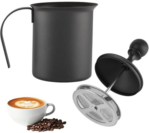 Manual Milk Frother, 400ml Handheld Coffee Milk Frothing Pitchers Stainless Steel Milk Foam Maker Foam Pitcher with Handle and Lid for Home