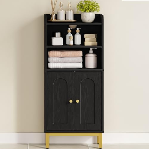Hzuaneri Bathroom Storage Cabinet, Slim Bathroom Floor Cabinet with 2 Door and Adjustable Shelf, Wooden Freestanding Storage Unit for Dining Kitchen Living Room, Black, BC48204G