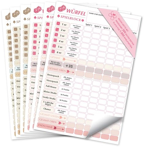 BIROYAL 6 x Würfelspiel Block DIN A6, 300 Blatt 120gsm Papier, Rot-Braun | Würfelblock für 1800 Spiele, Ersatzblöcke, gut lesbar und übersichtlich gestaltet, Würfel Spiel Set für Familien Spielabende