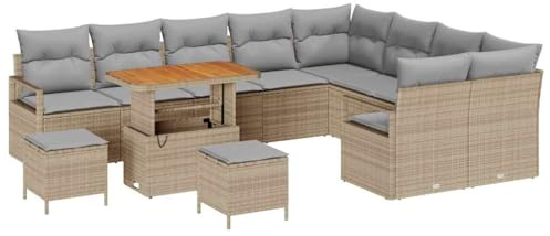 vidaXL 12-teilige Garten-Sofa-Garnitur mit Kissen in Beige – Poly Rattan Gartenmöbel für Balkone und Moderne Terrassen. Sitzmodulares Lounge-Sofa aus Akazienholz.