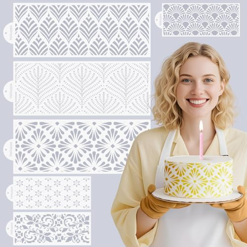 Velluppa 6PCS Cake Stencils for Buttercream, Bendable Cake Stencils Decorating, Floral Lace Stencil for Decorating Wedding, Birthday (K1)