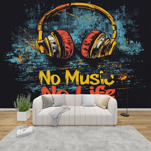 QEODAH 3D Tapete Musik Schlafzimmer, Fototapete Retro Kopfhörer, Vliestapete Gelb Blau, Tapeten Wohnzimmer Muster, Graffiti Kunst Musik Wand Deko Kinderzimmer, Wandtapete, Mustertapete 250x175 cm