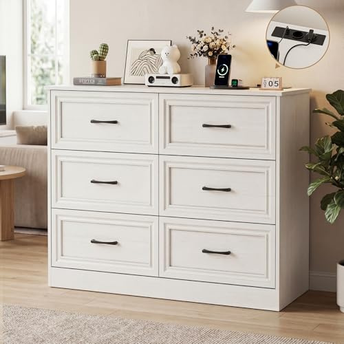BonVache Chest of Drawers with 6 Drawers, Sideboard with 2 USB Ports and 2 AC, Wooden Frame & Black Handles, Fabric Storage Drawer Organizer for Bedroom, Living Room, Hallway, Entryway, White