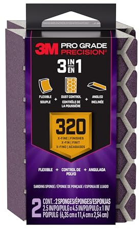3M Pro Grade Precision 3-in-1 Sanding Sponge, 320 Grit X-Fine, 2 Sponges, Washable & Reusable, for Wood, Metal, Drywall, and Paint Finishing – Flexible Foam, Contoured, Angled, Flat