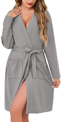 Sopesil Womens Dressing Gowns Waffle Short Robe Lightweight Luxury Bathrobes Soft Loungewear Sleepwear Spa and Hotel for All Year, Light grey, L
