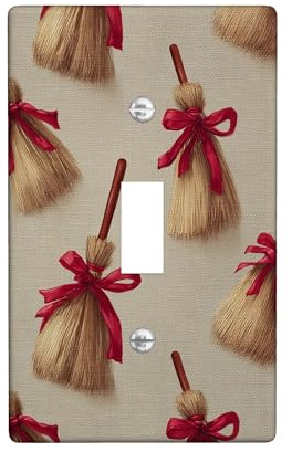 Harvest Broom Light Switch Cover Plates/Outlet Covers, Beige Autumn Decor with Red Ribbon Accents, Thermoplastic Wall Plates, Standard Size Single Toggle