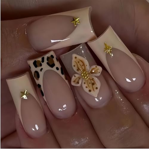 Xanthelle Press On Nails, 24 Stück Medium Square French Tip Nägel zum Aufkleben, Fake Nails mit Leopard Print, 3D Flower & Stars Design, Soft Gel Kunstnägel Damen