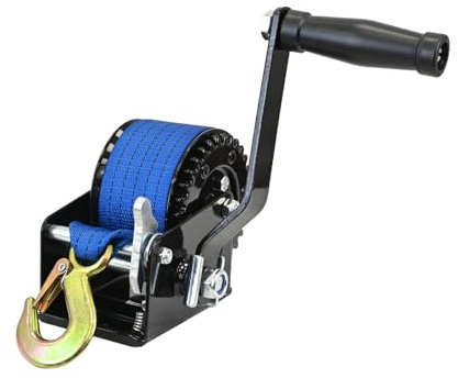 TRUTZHOLM Gurtwinde 360 kg / 800 lbs Polyestergurt Gurtlänge 8 m Gurtbreite 5 cm Lasthaken mit Sicherheitsbügel Sperrhebel 19 cm Handkurbel ergonomisch Bootswinde Handwinde Handseilwinde