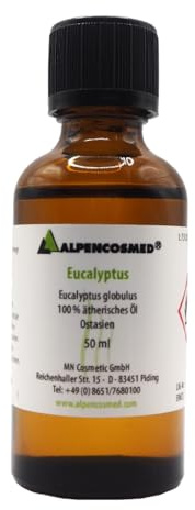 ALPENCOSMED® Exclusiv Eukalyptusöl 100% naturrein | Ätherisches Öl Eucalyptus globulus | 50 ml im Braunglas | Aromatherapie, Sauna, Massage, Diffuser, Erkältungszeit