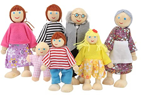 Hztyyier Famille de Maison de Poupée en Bois, Mini Figurines de Simulation Mignonnes pour Maison de Poupée, Développement des Compétences, Ensemble de 7 pour Améliorer Le Langage et L'imagination