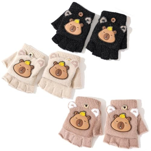 ZXTGBQ 3 Pares Guantes Sin Dedos para Niños, Guantes de Invierno, Mitones para Niños y Niñas de 5 a 10 Años (Multicolor)