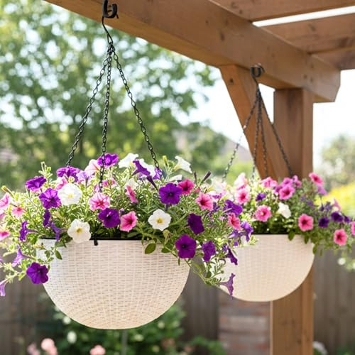 LáLáGreen Macetas colgantes de 28 cm (juego de 2) con autoriego e indicador de nivel de agua – Macetas redondas de ratán blanco con cadena de metal para balcón, terraza y jardín