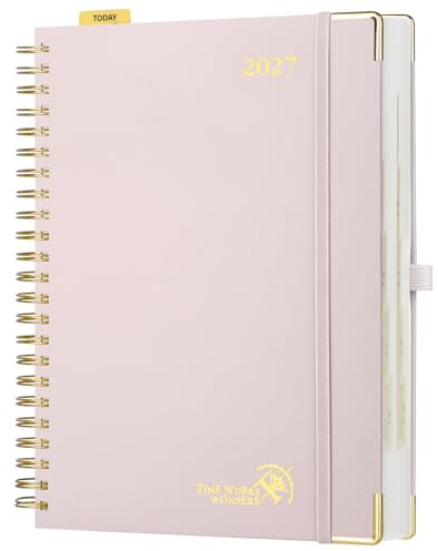 POPRUN Kalender 2027 Tageskalender A4 1 Tag 1 Seite, Hardcover Tagesplaner | 12-Monate-Terminplaner(Jan.2027-Dez.2027), Spiralbuch, 80 GSM Papier, mit Plastiklineal, für Büro & Studium(Hellrosa)