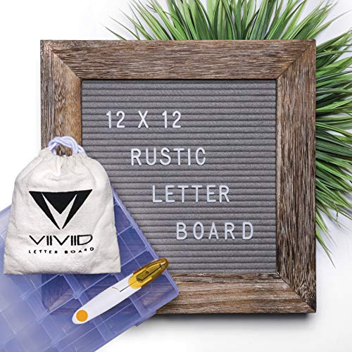 Gray Felt Letter Board 12x12 Inch Rustic Frame: Wall Mount and Stand Letterboards - Home Goods Changeable Letterboard Message Sign Boards Display 375 White Letters, Emojis, Scissor, Organizer & Bag