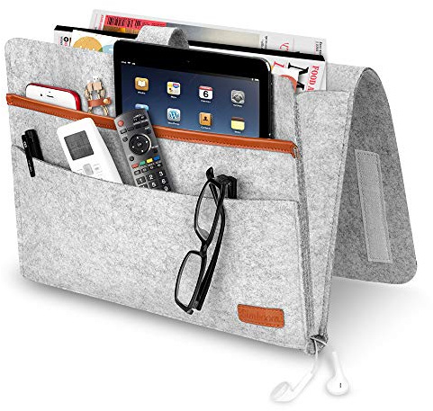 SIMBOOM Organizer per letto, 4 Tasche Portaoggetti per Letto o Divano, Borsa in feltro Comodino per iPad, Tavoletta, Riviste, Telecomando, Cellulare, Occhiali - Grigio Chiaro