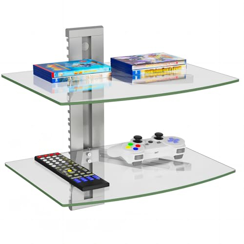 WALI Floating Entertainment Center Shelves, Holds Up to 8 kg, TV Shelf with Strengthened Tempered Glasses for DVD Players, Cable Boxes, Games Consoles, TV Accessories (CS202S), 2-Tier, Silver