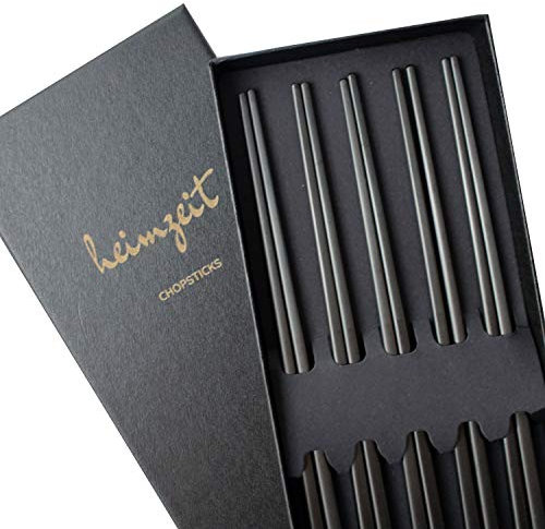 heimzeit Essstäbchen aus hochwertigem Edelstahl in Schwarz, 5 Paar Stäbchen im stilvollen Design, Chopsticks spülmaschinenfest und wiederverwendbar