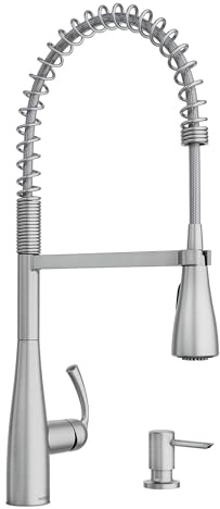 Moen Essie Spot Resist Stainless One-Handle High Arc Pre-Rinse Spring Pulldown Kitchen Faucet with Power Clean and Soap Dispenser, 87814SRS