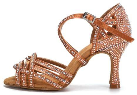 AOQUNFS Donna Scarpe da Ballo Latino Americano Strass con Tacco Salsa Bachata Tango Feste Performance Scarpe Ballo da Sala,L357-Marrone-7.5,EU37