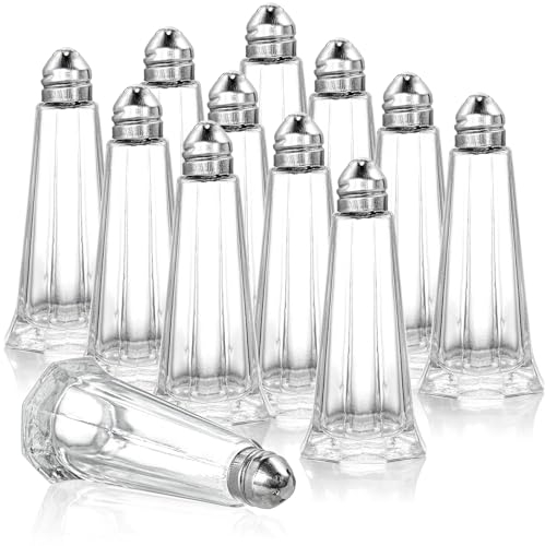 Yopay 12 Pieces Salt and Pepper Shaker Set, 1oz/30ml Tower Glass Body Mini Restaurant Shakers with Stainless Steel Lids, Clear Curved Design