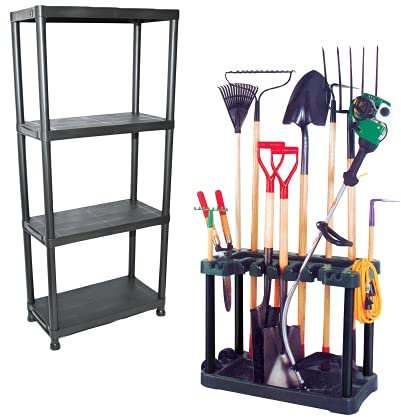 KCT Garden Tool Rack with 4 Tier Shelving Unit – Freestanding Garage Shed Organiser