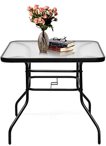 GYMAX Ø80 cm Wetterfester Bistrotisch mit Schirmloch, Gartentisch mit Glasplatte & Metallgestell, rechteckiger Balkontisch Terrassentisch, für Balkon, Terrasse, Garten (rechteckig)