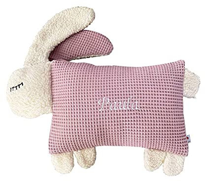 Glückspilz Kuscheltier-Kissen Babykissen I Kinder Tierkissen Hase I mit Namen Bestickt personalisierbar I Waffelpique I Rosa