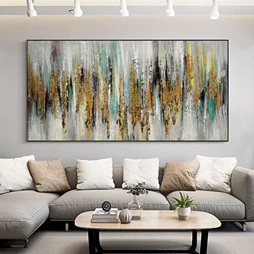 MWMG Acrylbilder Auf Leinwand Handgemalt, Moderne Abstrakte Bunte Textur Gestreifte Goldfolie Kunstwerk Handgemalte Ölgemälde Auf Leinwand Wandkunst Für Wohnzimmer Schlafzimmer Büro Wohnkultur,