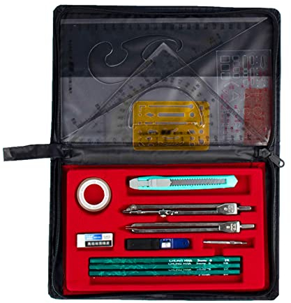 caihuashopping Zirkel Tragbare Präzisionsgeometrie Winkelmesser Zeichnungswerkzeuge Math Geometrie Kit Kombination Plotter Set mit Tuchsack for Student Geometriezirkel