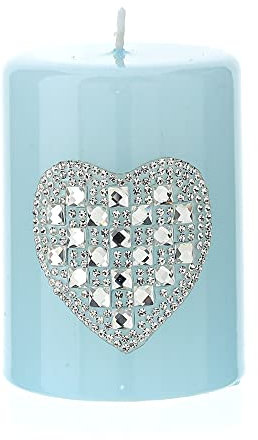 Hervit Candela Laccata con Cuore in Strass - Moccolo con Simbolo Amore e Purezza per Cerimonie Matrimonio Segnaposto Bomboniera Nascita Battesimo Comunione Ø6x8cm (Azzurro)