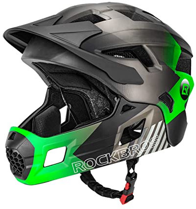 ROCKBROS Kinderhelm Integriert Fahrradhelm Kinder Jugend Fullface Helm mit Abnehmbarem Kinnschutz BMX MTB Downhill Helm, Grün (Abnehmbare krempe) M 54-57cm