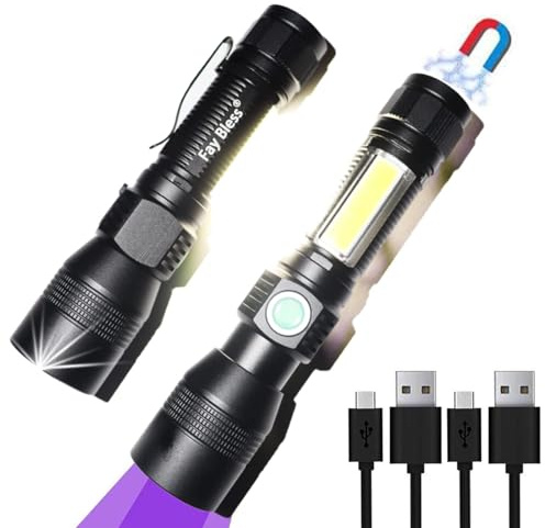 Fay Bless Linterna UV, USB C Linterna Ultravioleta, 3 en 1, Recargable Con Clip De Bolsillo, Luz Led De Alta Potencia, 7 Modos Impermeables (2PCS)