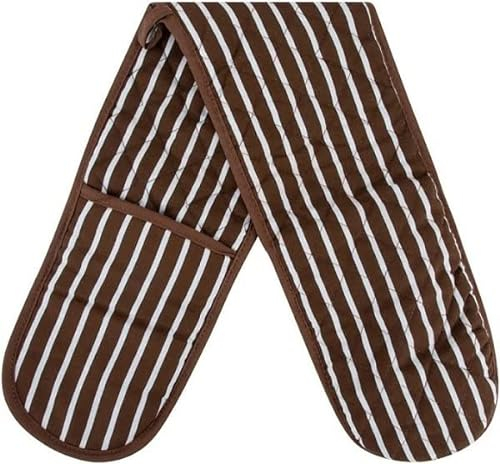 Brown Double Oven Gloves 100% Cotton Quilted Butcher Stripe Heat Resistant Pot Holder Oven Glove Mitts For Restaurant Kitchen Home Cooking Pan Holder Hot Kitchen Tray Holder Oven Pan Heat Resistant