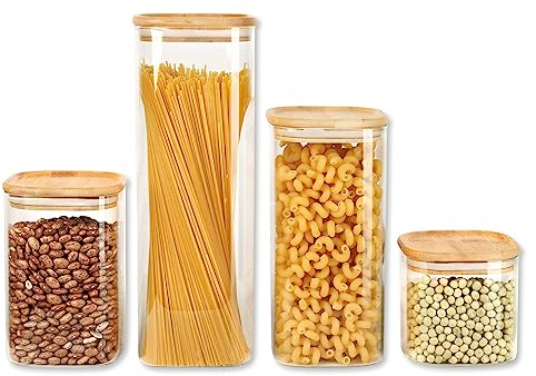 Schramm® Set de 4 ou 5 bocaux à provisions carrés avec couvercle en bambou en 6 tailles différentes Boîtes à provisions étanches à l'air Bocal à provisions Bocal de conservation, Dimension:1400 ml