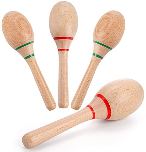 Foraineam 4 Pieces Maracas 8 inch Wooden Hand Percussion Rattles, Beech Wood Rumba Shakers Noisemaker Musical Instrument