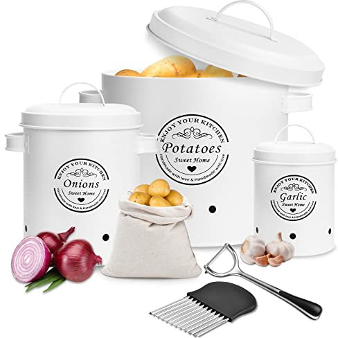 TAVADA Kartoffel Aufbewahrungsbox 3er Set,Zwiebeltopf und Knoblauchtopf Belüftet Vorratsbehälter Set,Zwiebel Aufbewahrung,Aufbewahrung Kartoffeln Zwiebeln Knoblauch Aufbewahrung（weißer）