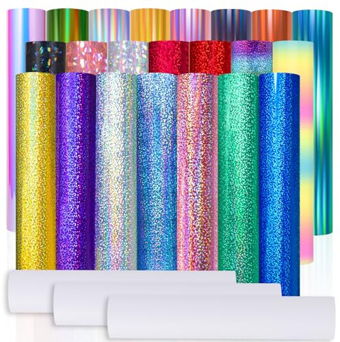 VINYL FROG Holographische Permanent Vinyl Bundle 25 Pack Regenbogen Permanent Adhesive Vinyl Blätter 22 Assorted Colors Selbstklebendes Vinyl mit 3 Transfer Tape für DIY Deko Aufkleber Projekte