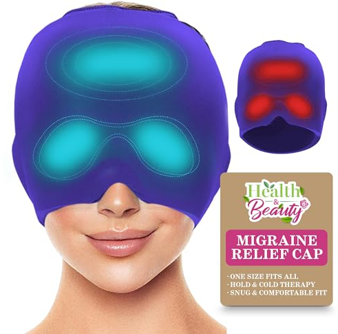 Cuffia per alleviare l'emicrania, con gel rinfrescante, per alleviare il mal di testa e la tensione, riutilizzabile per caldo o freddo, maschera per emicrania, cappello indossabile per mal di testa,